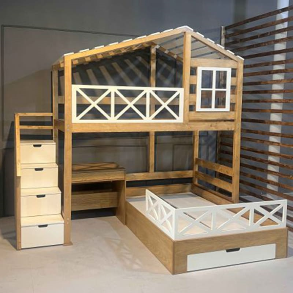 تخت خواب کودک و نوجوان، تخت دو طبقه، تخت خوابی با طرح تلفیقی و 90 درجه برای نوجوان، تماما ساخته شده از چوب، پله های منبری و کشو دار، مهلت تحویل در دو ماه کاری  مدل 0033