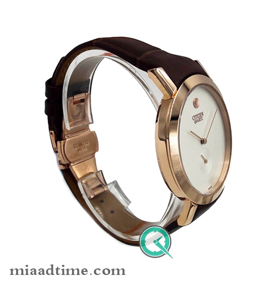 ساعت مچی سیتیزن مردانه زیرثانیه، گرد بند چرم، رزگلد صفحه سفید | کد 6225G مردانه