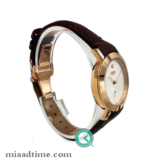 ساعت مچی سیتیزن زنانه زیرثانیه، گرد بند چرم، رزگلد صفحه سفید | کد 6225L زنانه