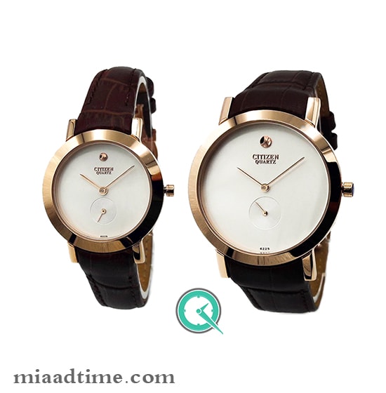 ساعت مچی سیتیزن مردانه زیرثانیه، گرد بند چرم، رزگلد صفحه سفید | کد 6225G Rose