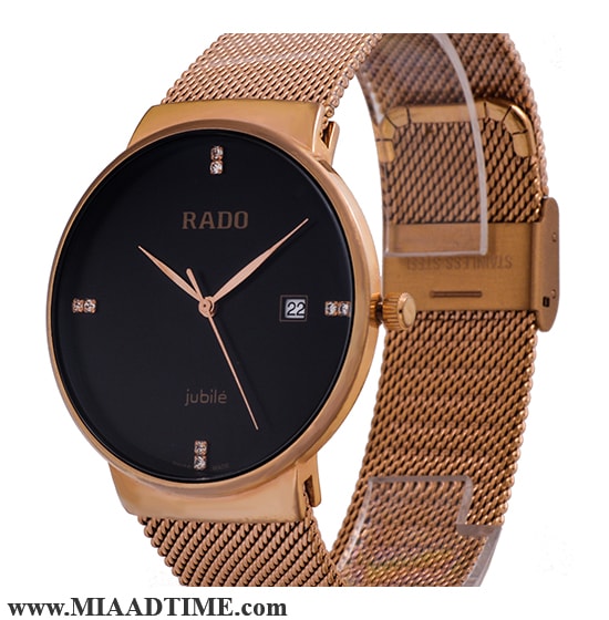 ساعت مچی رادو مردانه صفحه مشکی رزگلد بند حصیری کد 16361