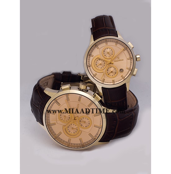 ساعت مچی رومانسون زنانه کرنوگراف گرد چرمی طلایی صفحه سفید شیشه رنگی کد 16248 ساعت مچی زنانه بند چرم