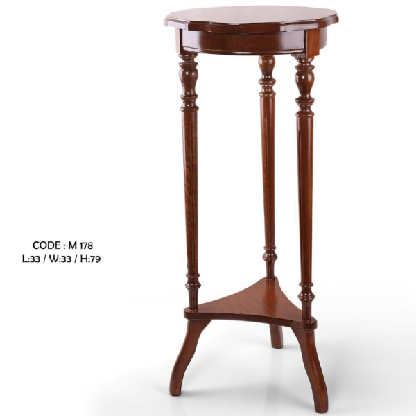میز گرد آباژور مدل m 178، میز تلفن چوبی و پایه بلند زیبا، دارای کشویی برای نگه داری وسایل کوچک، سطح پایینی میز برای نگه داری وسیله دکوری