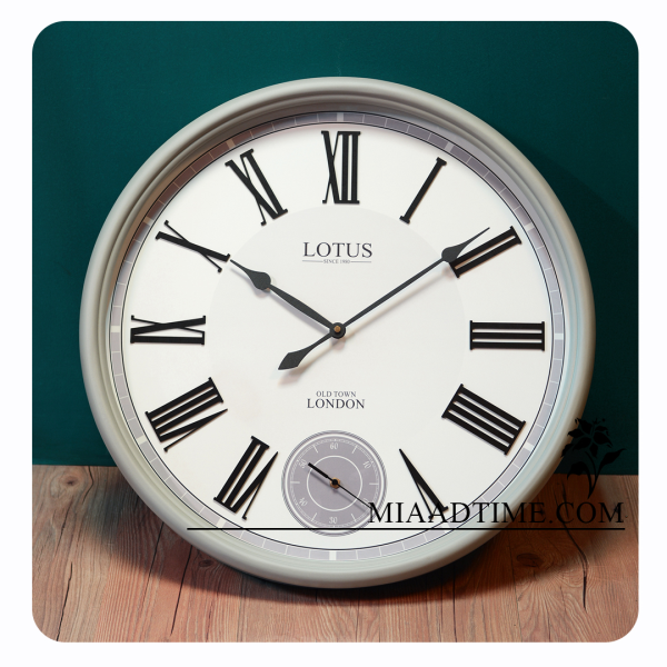 ساعت دیواری چوبی لوتوس، ساعت دیواری سایز 60 رنگ سفید طوسی با اعداد برجسته رومی و موتور مجزا برای ثانیه شمار | کد 160