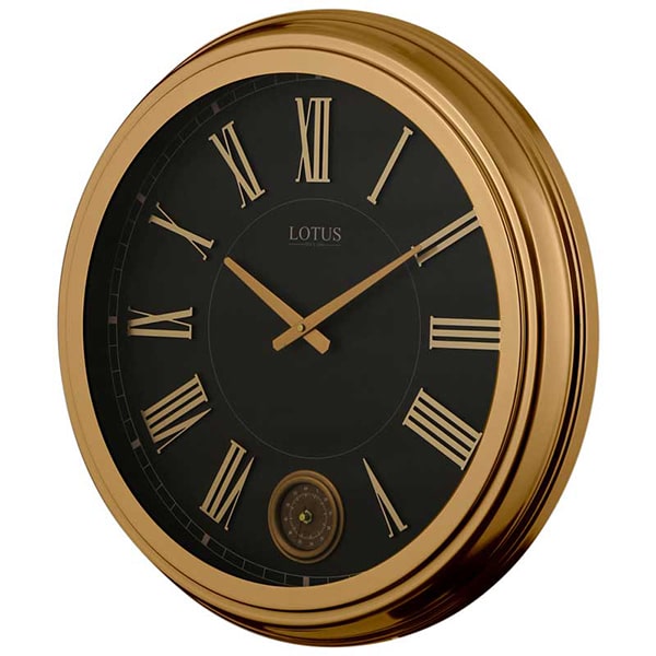 ساعت دیواری فلزی لوتوس، ساعت دیواری دو موتوره سایز 60 با اعداد برجسته یونانی، ساعت دیواری شیک و متفاوت آبکاری شده با فریم فلزی به رنگ آنتیک و صفحه مشکی | مدل 16033