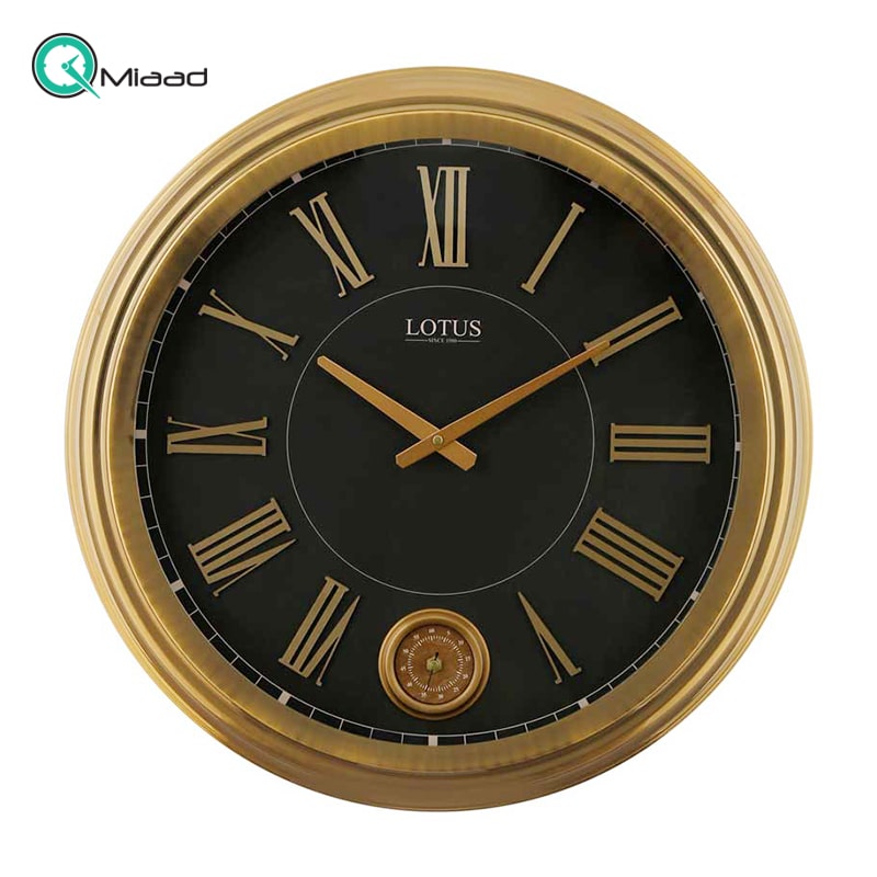 ساعت دیواری فلزی لوتوس مدل 16033، ساعت دیواری دو موتوره سایز 60 با اعداد برجسته یونانی، ساعت دیواری شیک و متفاوت آبکاری شده با فریم فلزی به رنگ آنتیک و صفحه مشکی قیمت ساعت دیواری