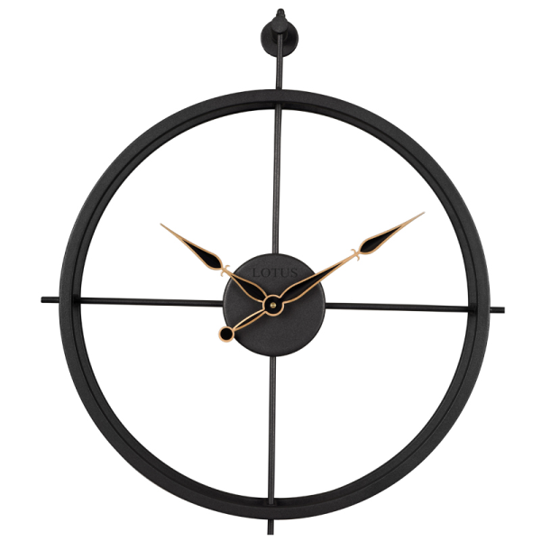 ساعت دیواری فلزی لوتوس مدل 18029، ساعت دیواری مدرن و ساده فلزی قطر 39 سانت با موتور آرامگرد، رنگ مشکی