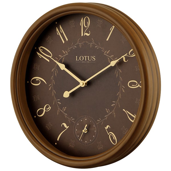 ساعت دیواری چوبی لوتوس، ساعت دیواری گردویی سایز 45، ساعت دکوری طرح قدیمی با اعداد لاتین و موتور ثانیه شمار | مدل 360