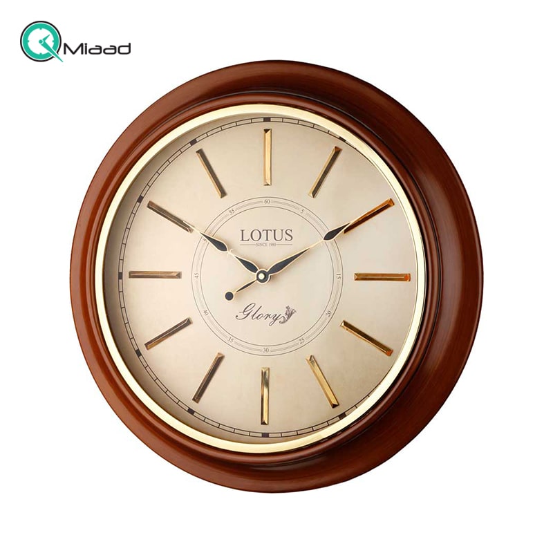 ساعت دیواری چوبی لوتوس مدل MOERS کد W-8031، ساعت دیواری با اعداد فلزی برجسته، سایز 50 سانت ساعت دیواری لوتوس