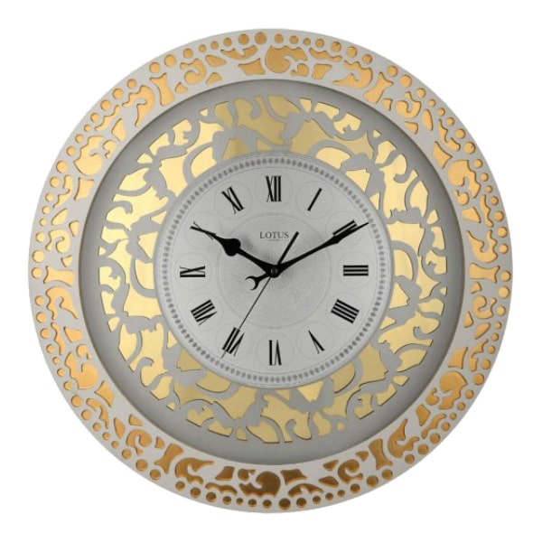 ساعت دیواری چوبی لوتوس، ساعت دیواری چوبی آینه ای سایز 60 با سبک قدیمی و اعداد رومی، ساعت دیواری سلطنتی، ساعت دیواری با رنگ پتینه کرم طلایی، مدل 8800