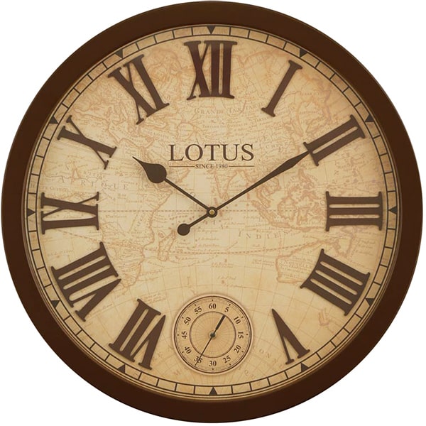 ساعت دیواری چوبی لوتوس، ساعت دیواری طرح کلاسیک سایز 60 با اعداد برجسته رومی طرح نقشه جهان | ساعت دیواری با موتور مجزا برای ثانیه شمار |رنگ فندقی (قهوه‌ای تیره) مدل 8838