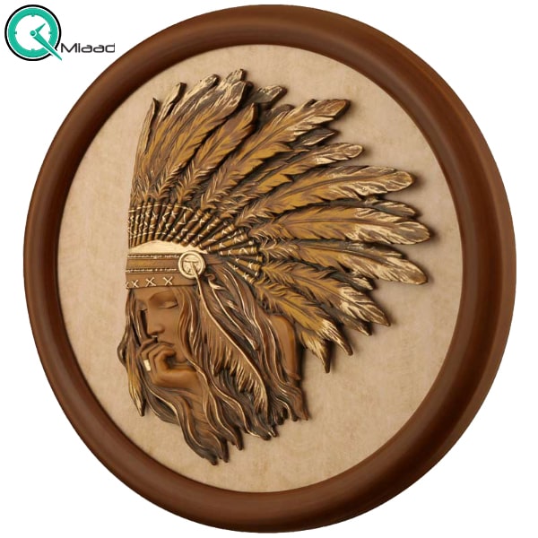 تابلو نقش برجسته لوتوس طرح سرخ پوست، تابلوی دکوری شیک سایز 65، نقشه برجسته دست ساز از جنس پلیرزین، قاب و فریم تشکیل شده از مواد چوبی و سنگی| مدل 3007 قهوهای قیمت تابلو