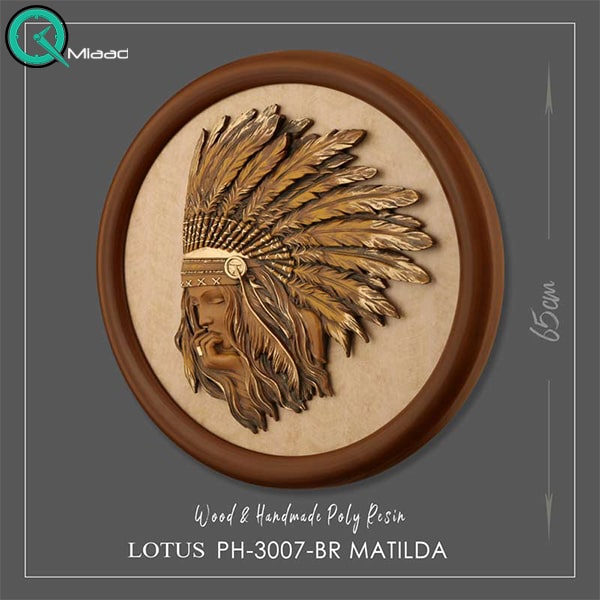 تابلو نقش برجسته لوتوس طرح سرخ پوست، تابلوی دکوری شیک سایز 65، نقشه برجسته دست ساز از جنس پلیرزین، قاب و فریم تشکیل شده از مواد چوبی و سنگی| مدل 3007 قهوهای خرید تابلو