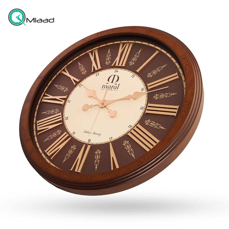 ساعت دیواری چوبی مارال، ساعت دیواری طرح قدیمی سایز 60، ساعت دیواری با ترکیب رنگی جذاب اعداد رومی و عقربه های طلایی، مدل 603 خرید ساعت دیواری شیک