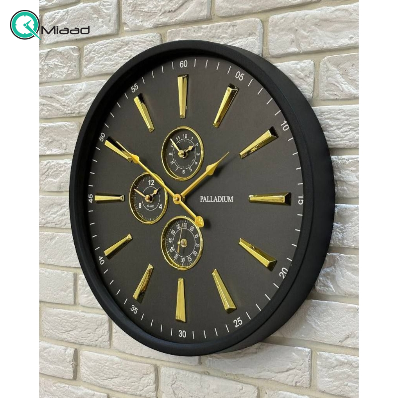 ساعت دیواری فلزی پالادیوم مدل 5310، ساعت دیواری مدرن و فلزی با طراحی عالی، دارای چهار موتور فعال ، دارای موتور نمایش گرافیکی روز و شب، رنگ مشکی طلایی ساعت دیواری فلزی