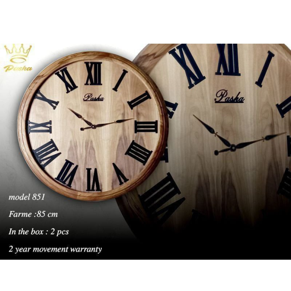 ساعت دیواری پاشا، ساعت دیواری با بدنه چوب طبیعی راش جنگلی، موتور آرامگرد، اعداد رومی و طرح رگ های چوب روی صفحه ساعت، سایز 85 مدل pasha 851