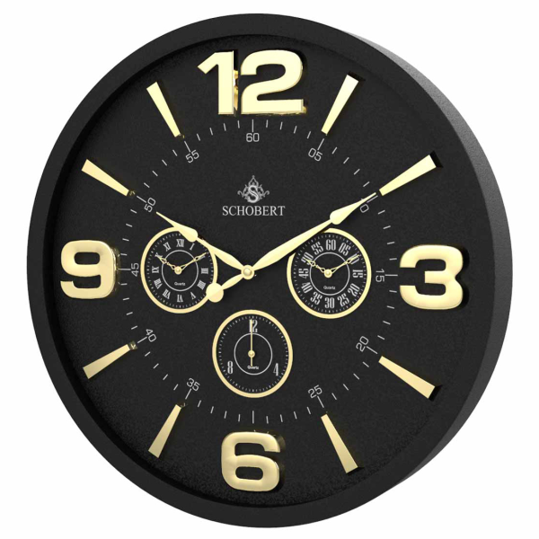 ساعت دیواری فلزی شوبرت، ساعت دیواری چهار موتوره سایز 50 با اعداد و عقربه های طلایی رنگ مشکی مدل 5311