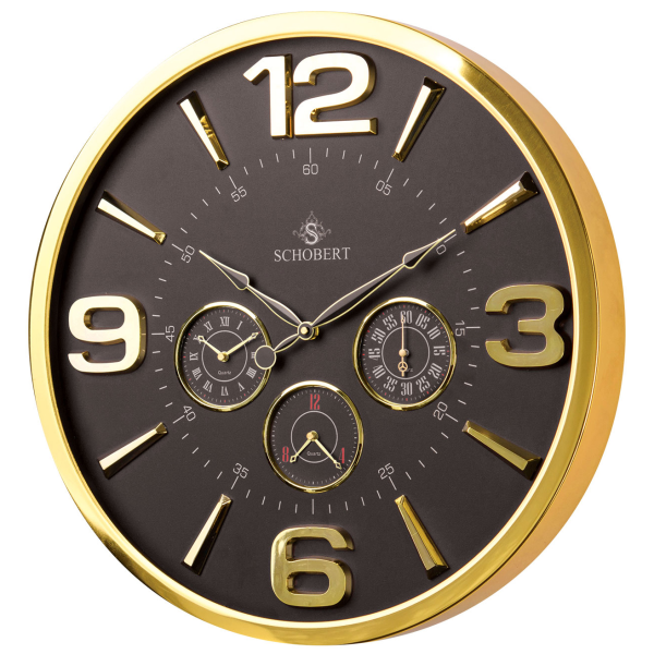 ساعت دیواری فلزی شوبرت، ساعت دیواری چهار موتوره سایز 50 طلایی آبکاری شده صفحه مشکی مدل 5311