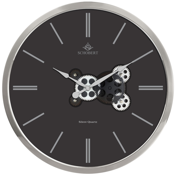 ساعت دیواری فلزی شوبرت چرخ دنده ای مدل 5314QBK، ساعت دیواری مدرن و فلزی با طراحی عالی، سایز 50، دارای موتور ثانیه شمار مستقل ، رنگ نقره ای صفحه مشکی