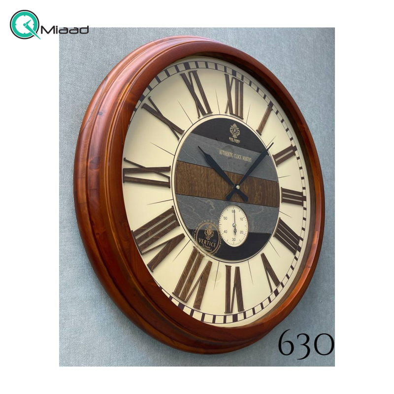 ساعت دیواری چوبی ورتیچ مدل 630، ساعت دیواری دو موتوره با چوب طبیعی سایز 60 با موتور آرامگرد تایوانی، اعداد یونانی برجسته قیمت ساعت دیواری