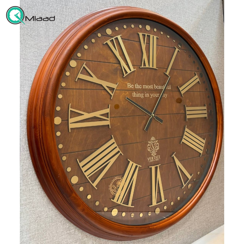 ساعت دیواری چوبی ورتیچ مدل 9091، ساعت دیواری کلاسیک با چوب طبیعی سایز 90 با موتور آرامگرد تایوانی، اعداد یونانی برجسته قیمت ساعت دیواری