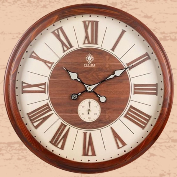 ساعت دیواری چوبی ورتیچ مدل 625، ساعت دیواری با چوب طبیعی سایز 60 با موتور آرامگرد تایوانی، اعداد یونانی برجسته