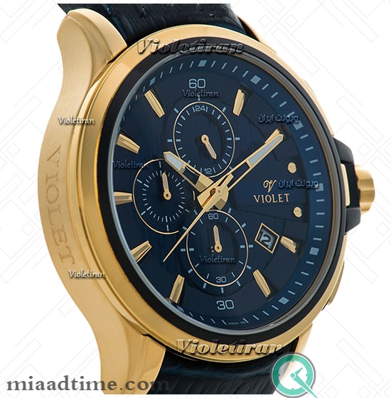 ساعت ویولت Violet مردانه | کرنوگراف, گرد چرمی, طلایی صفحه سرمهای | کد 0307/2G Violet