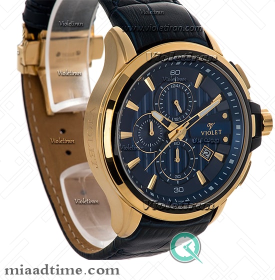 ساعت ویولت Violet مردانه | کرنوگراف, گرد چرمی, طلایی صفحه سرمهای | کد 0307/2G کد