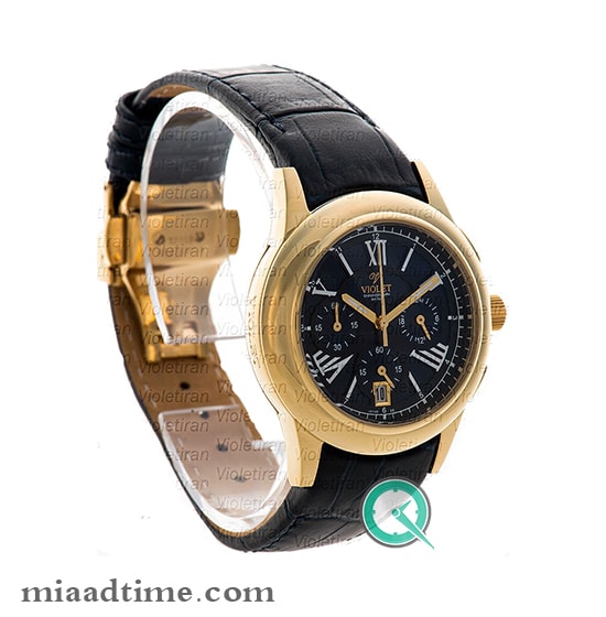 ساعت مچی ویولت، زنانه کرنوگراف، گرد چرمی، طلایی صفحه سرمه ای | کد 0401/2L زنانه