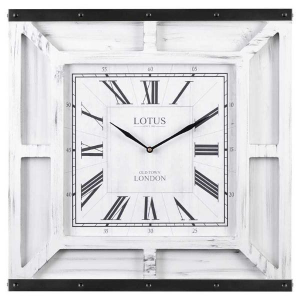 ساعت دیواری چوبی لوتوس، ساعت دیواری مربع سایز 56 با طراحی منحصربه‌فرد، رنگ کاری شده به سبک پتینه، ساعت دیواری ظریف و زیبا طرح کلاسیک با اعداد رومی | مدل 9921 