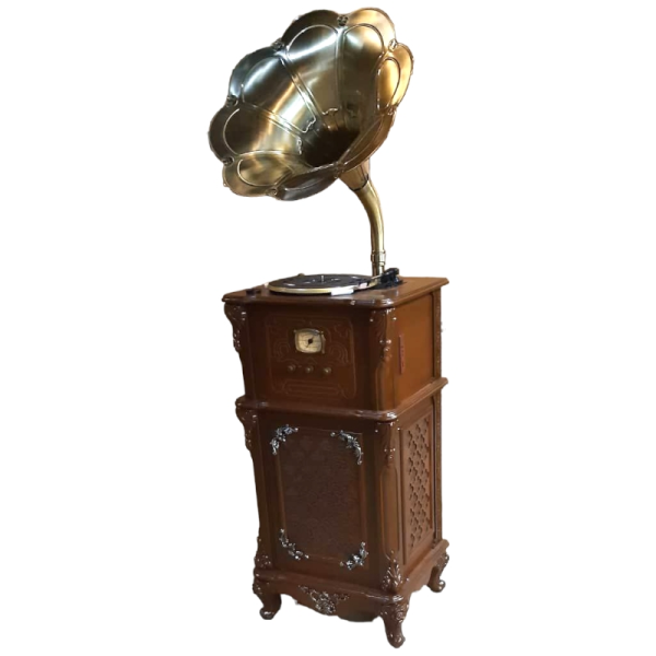 گرامافون ایستاده آنتیک چهارکاره، شیپور بزرگ فلزی با رنگ ثابت، بدنه از جنس چوب باکیفیت، پخش رادیو 2 موج، درگاه USB، قابلیت اتصال بلوتوث و پخش انواع صفحات گرام | کد 2231