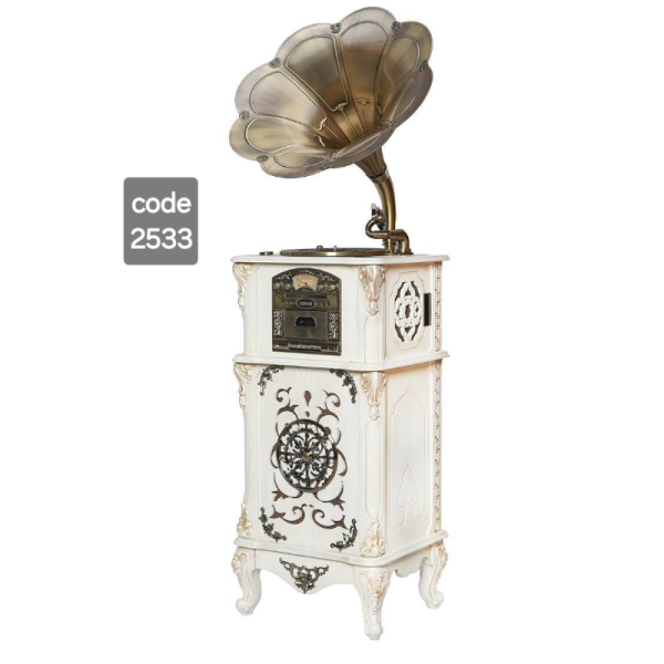 گرامافون ایستاده آنتیک فول مدل 2533، گرامافون مبله فول، پخش بلوتوث، فلش و رادیو AM/FM| شیپور از جنس فلز با سایز بزرگ، صدای استریو دارای ساب‌ووفر