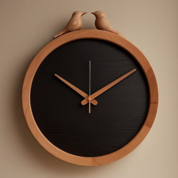 ساعت دیواری چوبی دست‌ساز با طرح هنری دو پرنده کد 176، نمادی از عشق و طبیعت در دکوراسیون شما | طراحی مینیمال و خاص