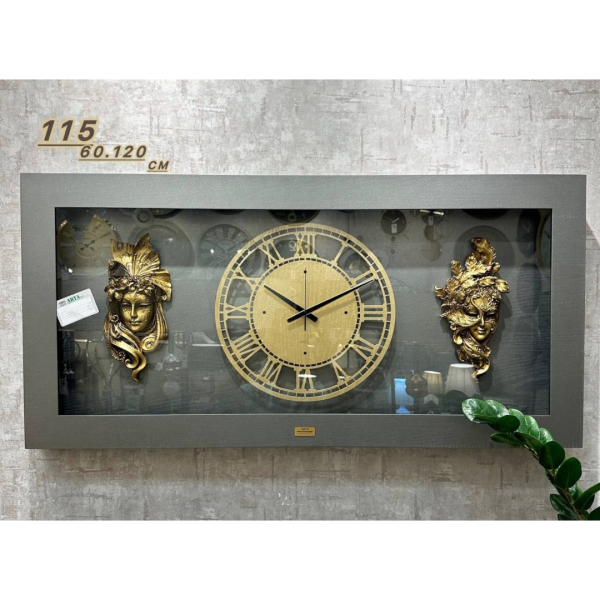  ساعت دیواری آرتا طرح 2‌ ماسک کد 115، ساعت دیواری چهارگوش پاندول دار سایز 120x60 سانت با متریال HDF، دارای موتور آرامگرد، ساعت دیواری با اعداد رومی، رنگ طوسی