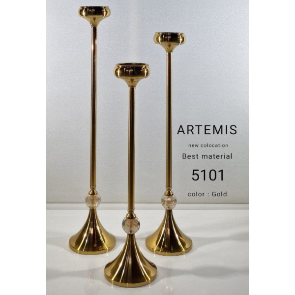 شمعدان ایستاده فلزی آرتمیس مدل 5101، شمعدان فلزی کنار سالنی باریک و بلند سه تکه، متریال فلز براق مقاوم و استفاده به عنوان وسیله تزیینی حتی بدون شمع، رنگ طلایی