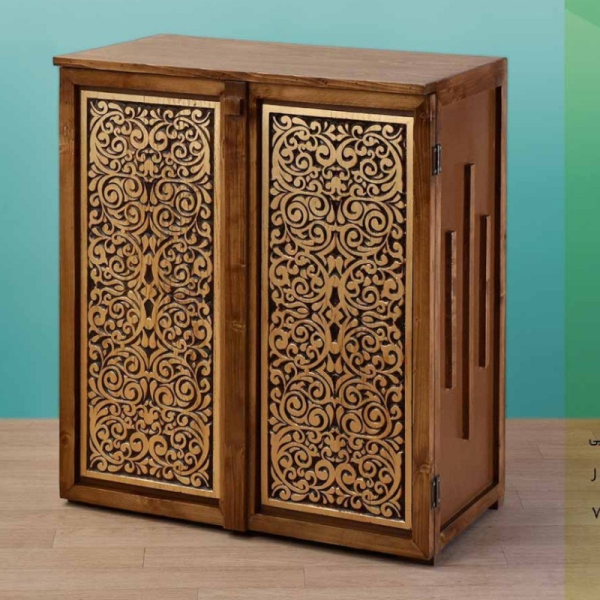 جاکفشی گلنقش طلایی مدل JK28195، جاکفشی با طراحی سنتی، دارای طبقه های برای نگهداری کفش و جزییات مربوطه