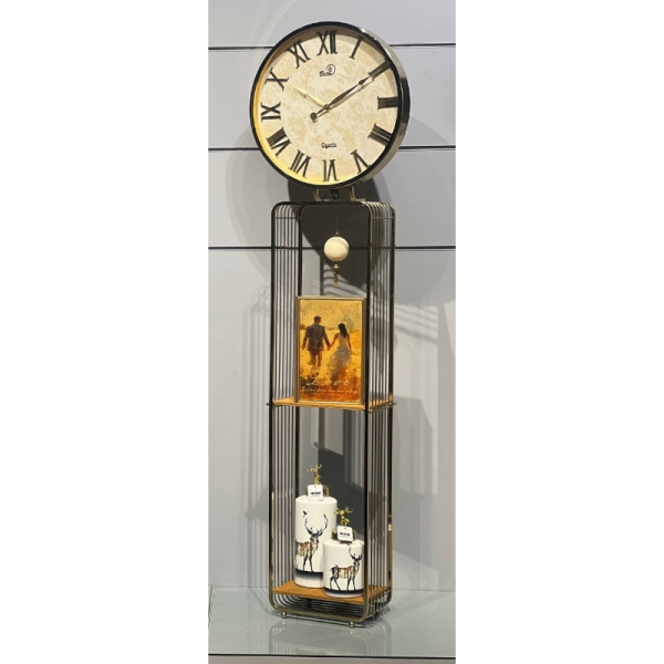 ساعت ایستاده بتیس مدل 4560، ساعت کنار سالنی 2 تیکه باکس دار مدرن با متریال فلز، رنگ آبکاری شده با ارتفاع 210 سانت و قطر 46 سانت ساعت، رنگ طلایی سفید
