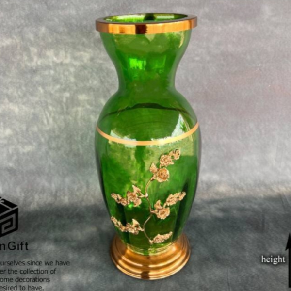 گلدان تزیینی زیبا مدل 615، گلدان با گل های برجسته از جنس فلز و آبکاری شده مناسب دکور اتاق خواب و سالن پذیرایی، رنگ سبز