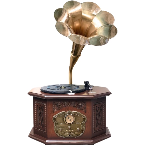 گرامافون رومیزی والتر، گرامافون کلاسیک با قابلیت پخش رادیو، فلش، بلوتوث، پخش صفحات گرام در سه دور مختلف و کارت حافظه | گرامافون دکوری زیبا مناسب فضای خانه، هتل و رستوران | کد 2050 قهوه‌ای
