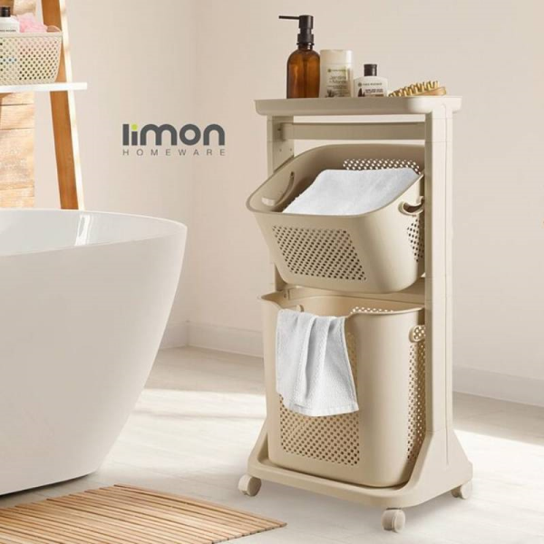 سبد رخت دو طبقه چند منظوره برند لیمون مدل 214100، سبد رخت طرح بافت دو طبقه چند منظوره برای ذخیره‌سازی لباس‌های چرک، مناسب استفاده در منازل، حمام‌ها و اتاق‌های لباس
