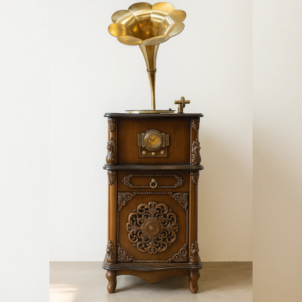 گرامافون ایستاده لاکچری کد 2514، گرامافون مبله پنج کاره، گرامافون سه سرعته، پخش بلوتوث، فلش و رادیو AM/FM| شیپور از جنس فایبرگلاس | صدای استریو دارای سابووفر