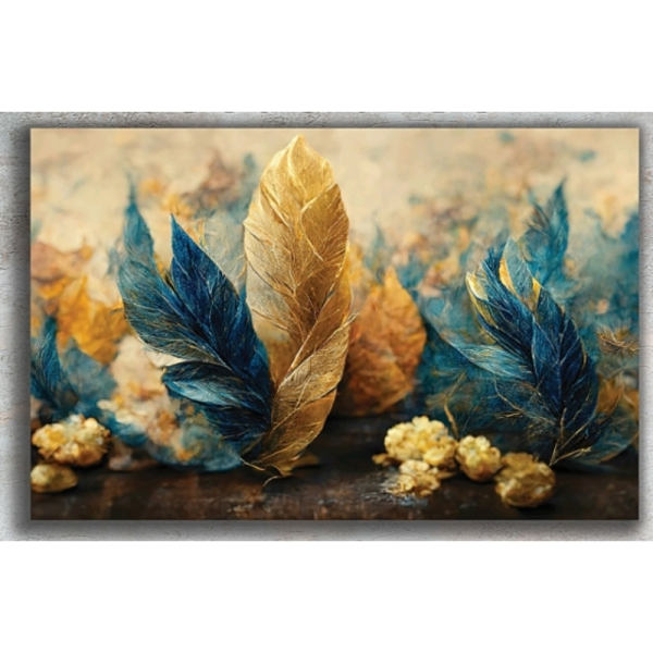 تابلو دکوراتیو شاین کد 736، جدیدترین مدل تابلو با بالاترین کیفیت چاپ، متریال پی وی سی قاب، تابلو زیبا و جذاب، تابلو هنری با کیفیت فوق العاده و قابل شستشو، طرح برگ طلایی آبی