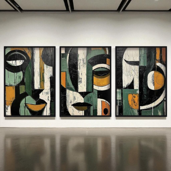 تابلو سهتکه دکوراتیو شاین مدل 202478، جدیدترین مدل تابلو با بالاترین کیفیت چاپ، متریال پی وی سی قاب، تابلو سه تیکه زیبا و جذاب، طرح چهره و اشکال هندسی