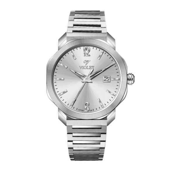 ساعت مچی زنانه ویولت کد 0627، ساعت زنانه اورجینال ساخت ژاپن، ساعت زنانه بند فلزی کلاسیک گرد با بند مدل پین و شیشه کریستال ضدخش، صفحه سفید