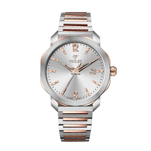 ساعت مچی زنانه ویولت کد 0627، ساعت زنانه اورجینال ساخت ژاپن، ساعت زنانه بند فلزی کلاسیک گرد با بند مدل پین و شیشه کریستال ضدخش، رزگلد صفحه سفید