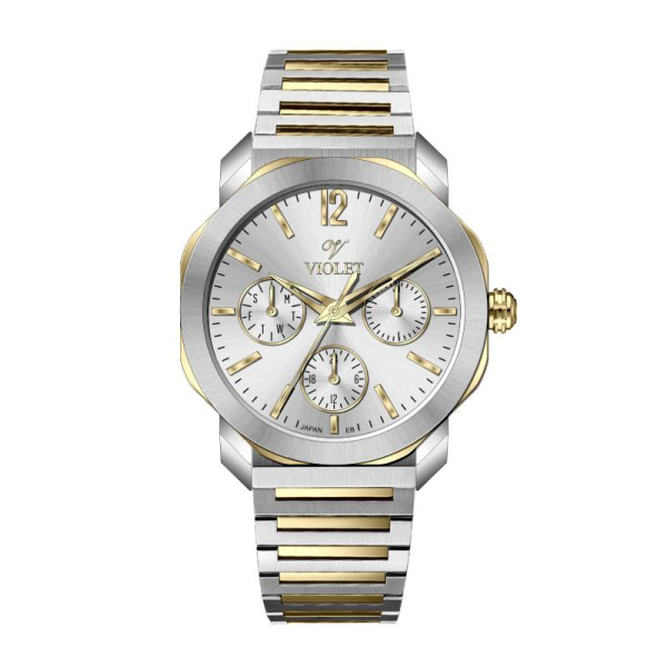 ساعت مچی زنانه ویولت Violet کد 0628/2 | ساعت زنانه اورجینال ساخت ژاپن با بند فلزی کلاسیک سه موتوره کرنوگراف، دورنگ طلایی صفحه سفید