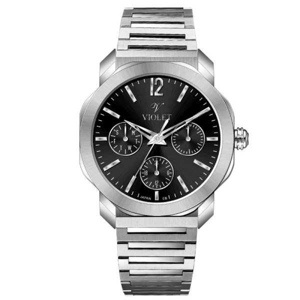 ساعت مچی زنانه ویولت Violet کد 0628 | ساعت زنانه اورجینال ساخت ژاپن با بند فلزی کلاسیک سه موتوره کرنوگراف، استیل صفحه مشکی