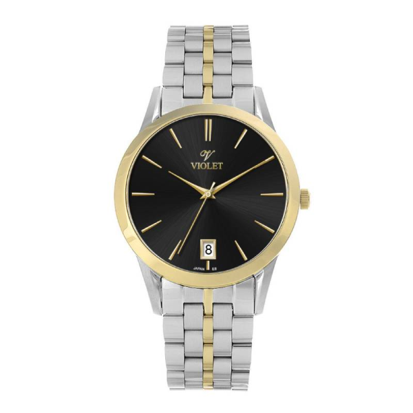 ساعت مچی مردانه ویولت Violet کد 0640/2 | ساعت مردانه اورجینال ساخت ژاپن، ساعت مردانه بند فلزی کلاسیک گرد فول دیت، تک موتوره، دو رنگ طلایی مشکی