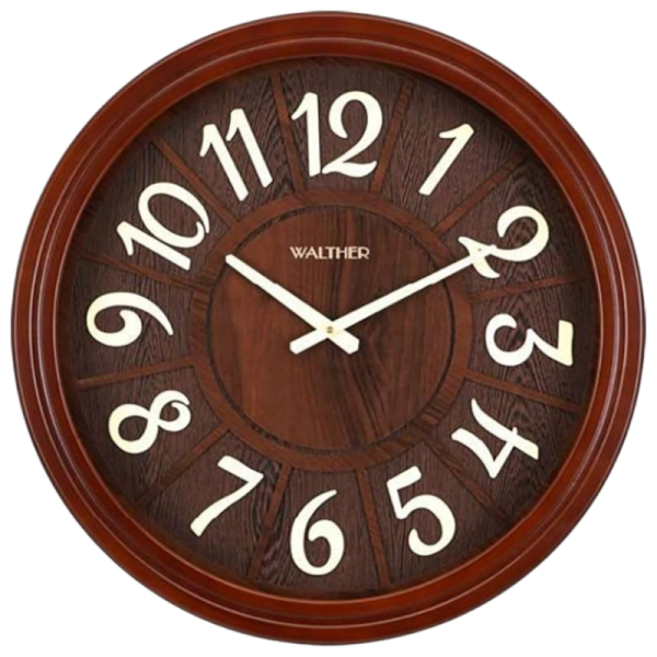 ساعت دیواری والتر Walther مدل 6004 | ساعت دیواری سایز 58 با موتور آرامگرد، بدنه قهوه ای و جزییات طلایی