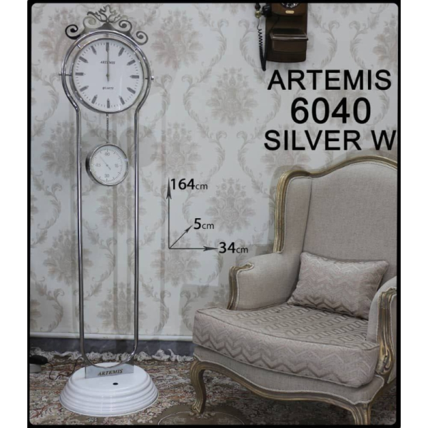ساعت ایستاده آرتمیس مدل 6040، ساعت سالنی با پایه های زیبا ، دارای یک ساعت کوچک به عنوان ثانیه شمار جدا، در چهار رنگ، موتور آرامگرد تایوانی ، رنگ سیلور سفید